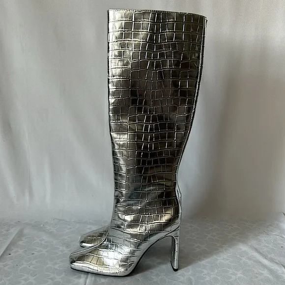 Zara NWT Silver Metallic Crocodile Print Knee High Heel Boots **Sz 36/US 6**🔥🔥 - Picture 4 of 8